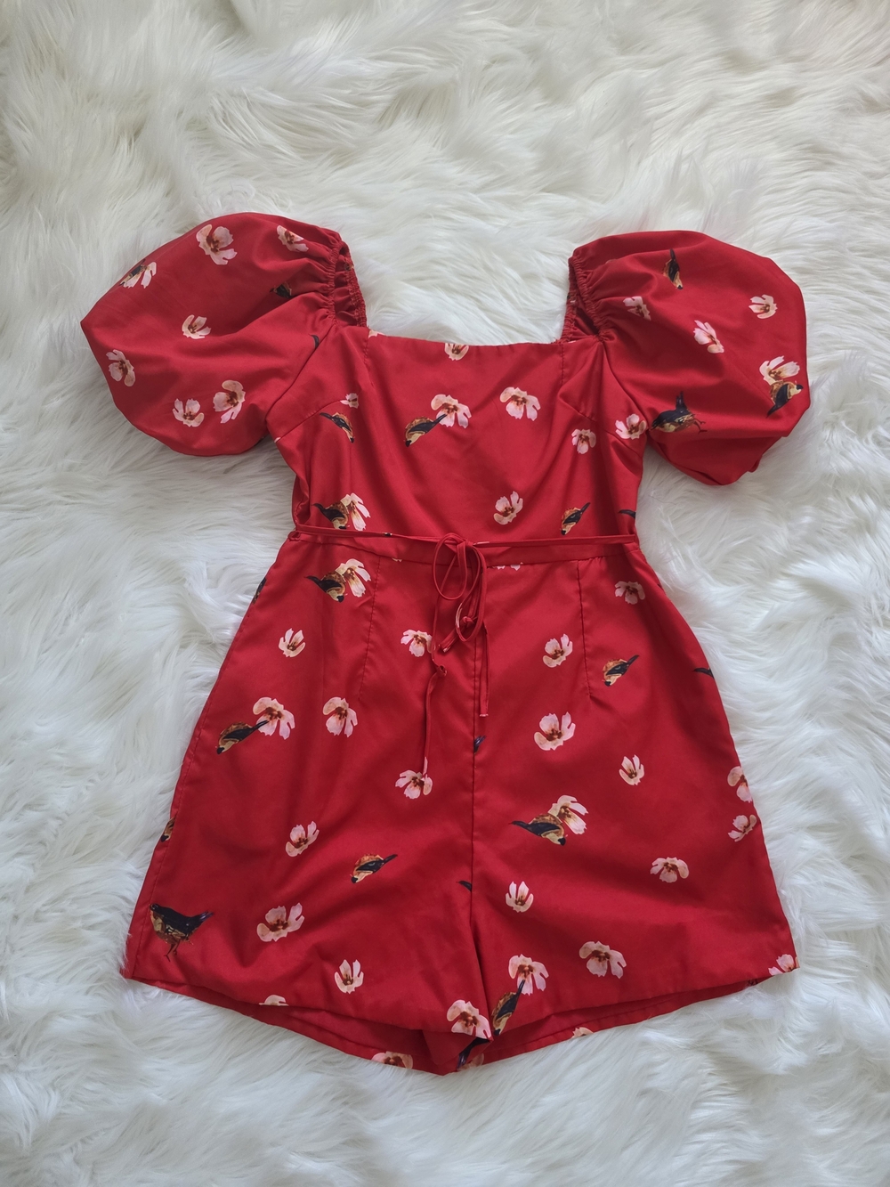 Red Floral Puff-Sleeve Kids Romper